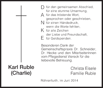 Traueranzeige von Karl Ruble von HNA