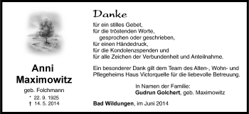 Traueranzeige von Anni Maximowitz von HNA