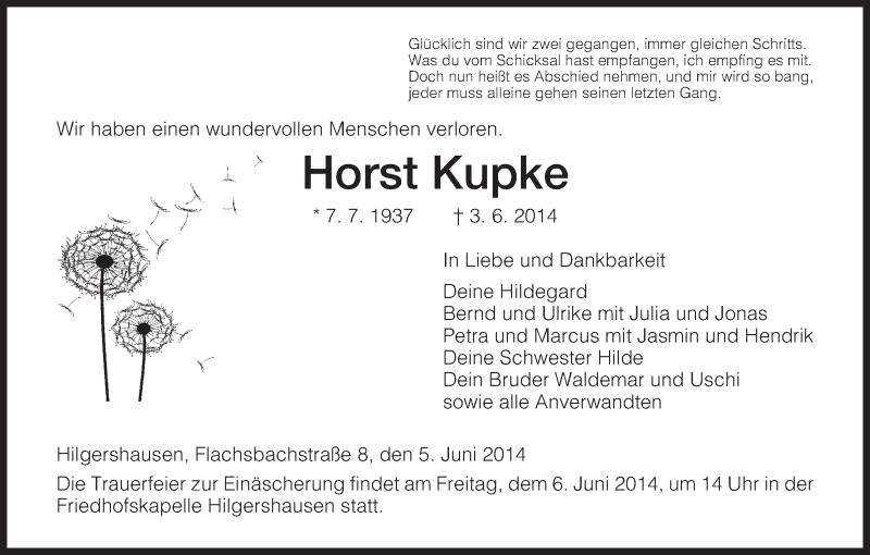  Traueranzeige für Horst Kupke vom 05.06.2014 aus HNA