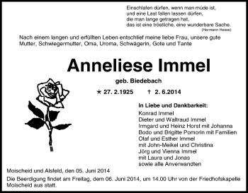 Traueranzeige von Anneliese Immel von HNA