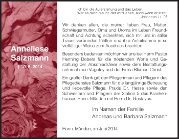 Traueranzeige von Anneliese Salzmann von HNA