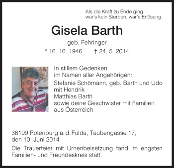 Traueranzeige von Gisela Barth von HNA