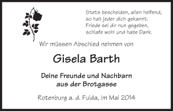 Traueranzeige von Gisela Barth von HNA