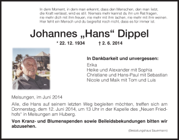 Traueranzeige von Johannes Dippel von HNA