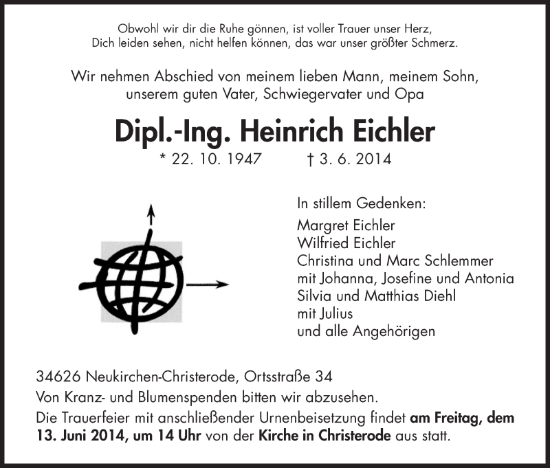  Traueranzeige für Heinrich Eichler vom 10.06.2014 aus HNA