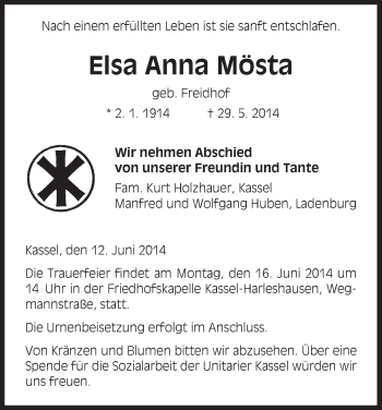 Traueranzeige von Elsa Anna Mösta von HNA