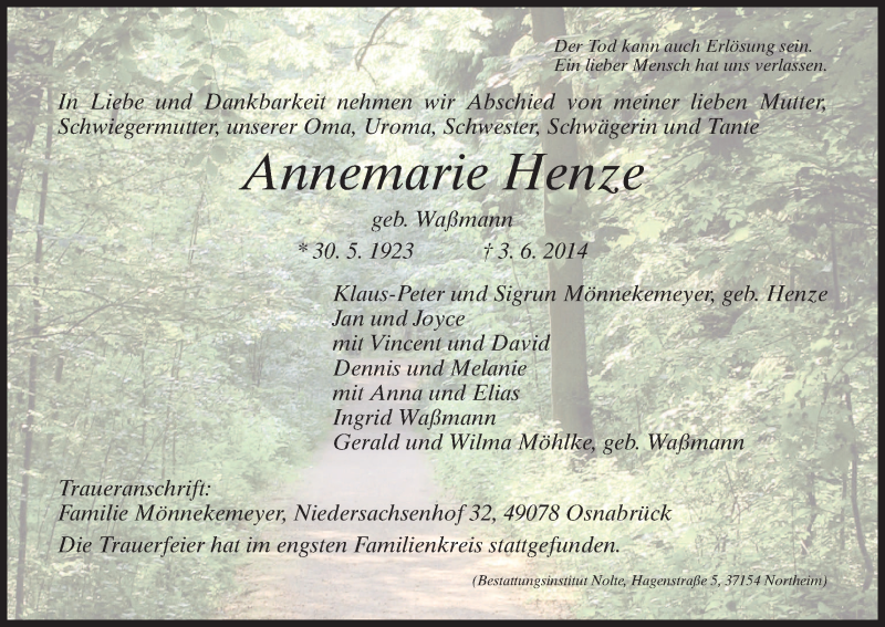  Traueranzeige für Annemarie Henze vom 10.06.2014 aus HNA