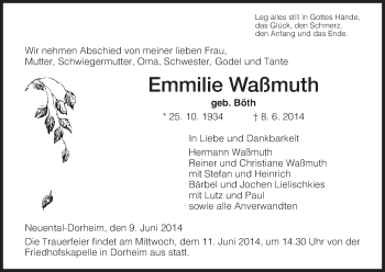 Traueranzeige von Emmilie Waßmuth von HNA