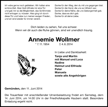 Traueranzeige von Annemie Wollmer von HNA