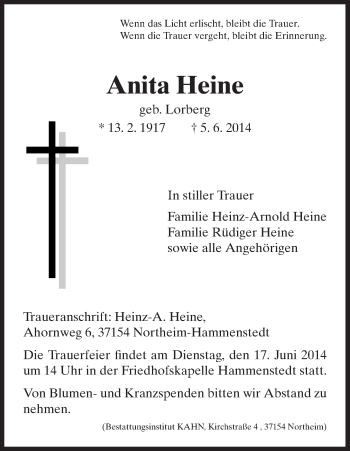 Traueranzeige von Anita Heine von HNA