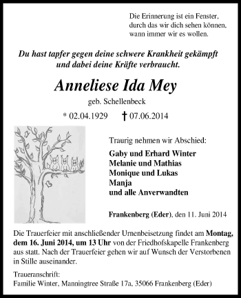 Traueranzeige von Anneliese Ida Mey von HNA