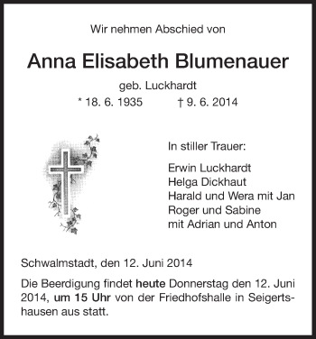 Traueranzeige von Anna Elisabeth von HNA