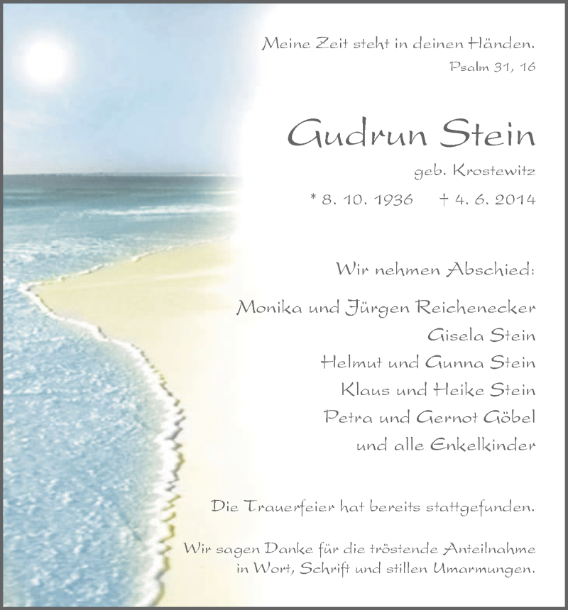  Traueranzeige für Gudrun Stein vom 21.06.2014 aus HNA