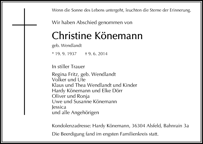  Traueranzeige für Christine Könemann vom 18.06.2014 aus HNA