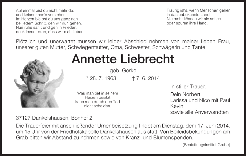  Traueranzeige für Annette Liebrecht vom 14.06.2014 aus HNA