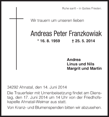 Traueranzeige von Andreas Peter Franzkowiak von HNA
