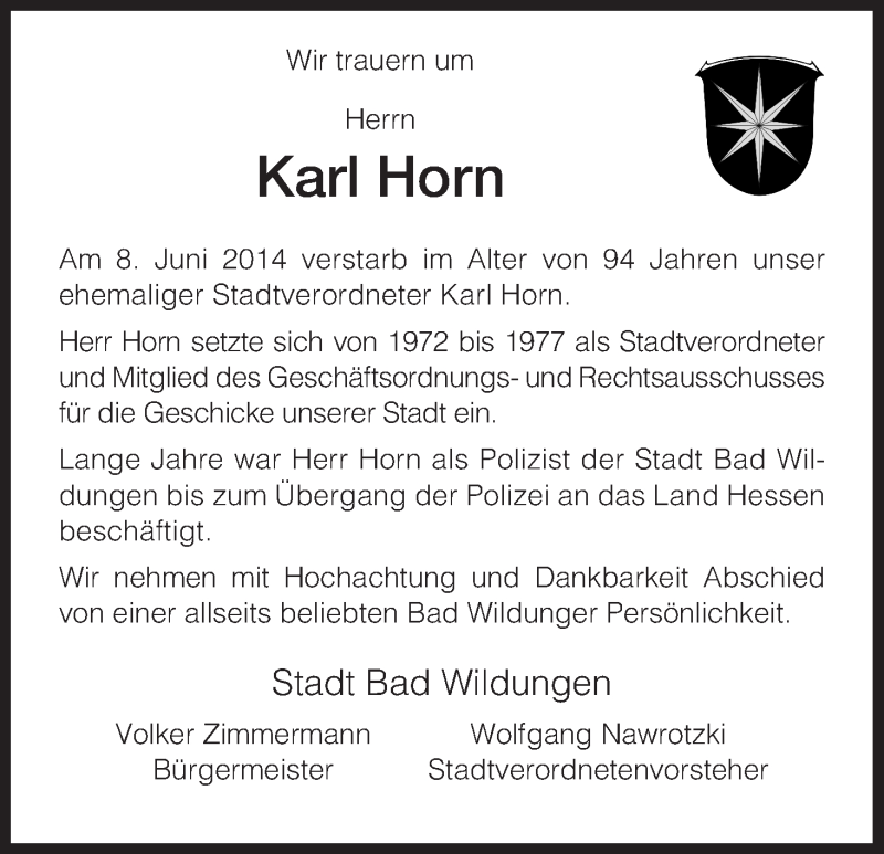  Traueranzeige für Karl Horn vom 13.06.2014 aus HNA