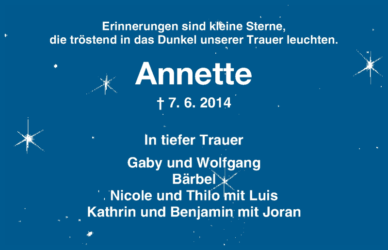  Traueranzeige für Annette Liebrecht vom 14.06.2014 aus HNA