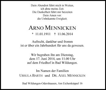 Traueranzeige von Arno Mennicken von HNA