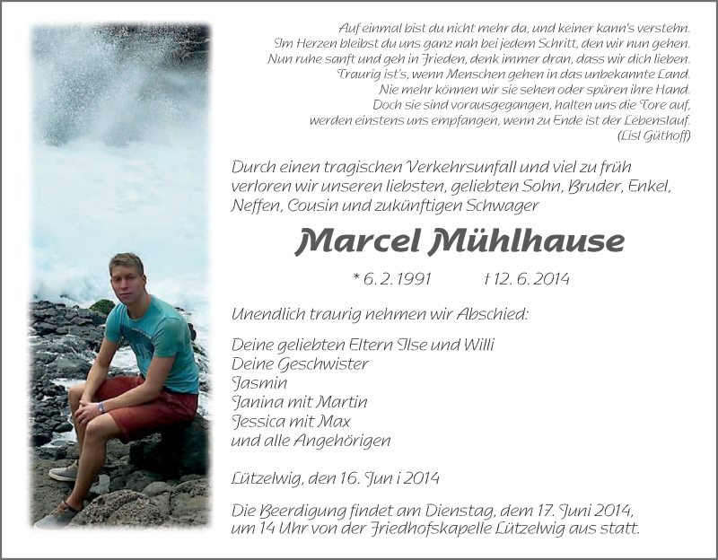  Traueranzeige für Marcel Mühlhause vom 16.06.2014 aus HNA