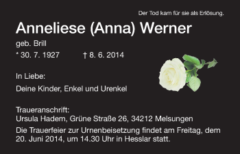 Traueranzeige von Anneliese  Werner von HNA
