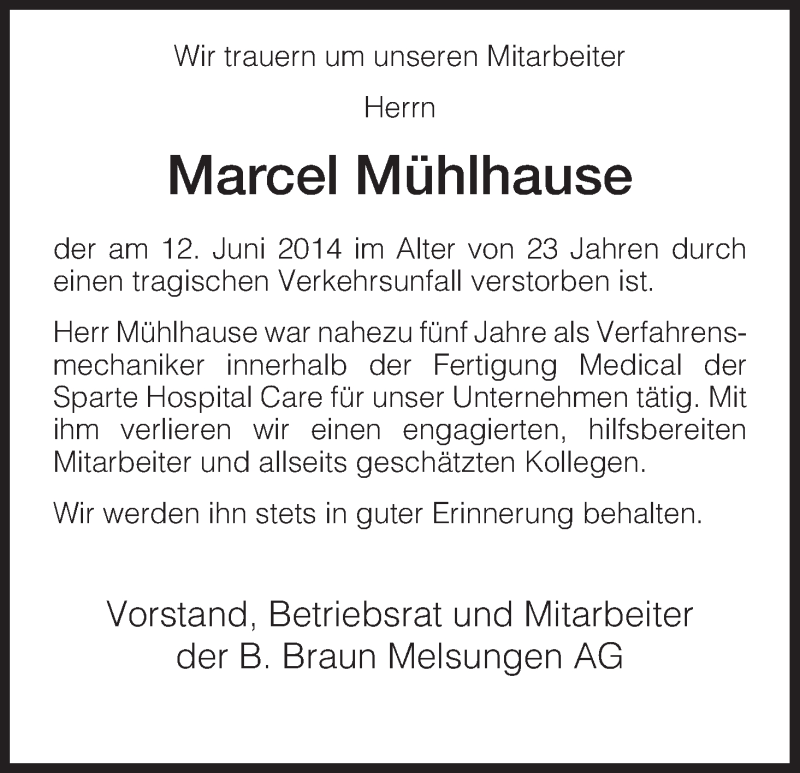  Traueranzeige für Marcel Mühlhause vom 18.06.2014 aus HNA