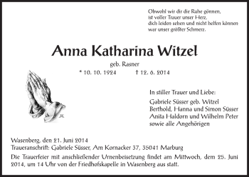 Traueranzeige von Anna Katharina Witze von HNA