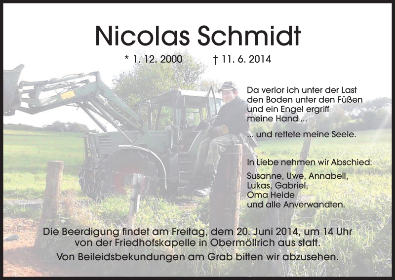  Traueranzeige für Nicolas Schmidt vom 18.06.2014 aus HNA