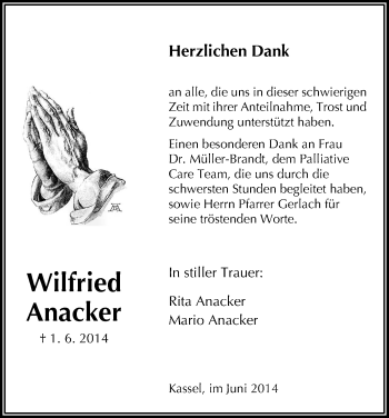 Traueranzeige von Wilfried Anacker von HNA