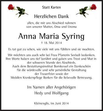 Traueranzeige von Anna Maria Syring von HNA