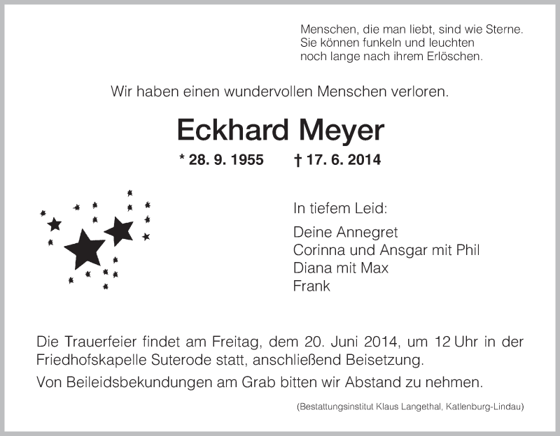  Traueranzeige für Eckhard Meyer vom 19.06.2014 aus HNA