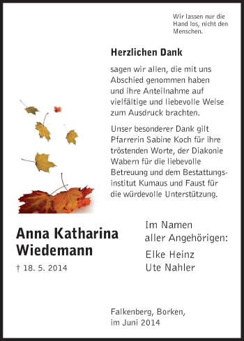 Traueranzeige von Anna Katharina Wiedemann von HNA