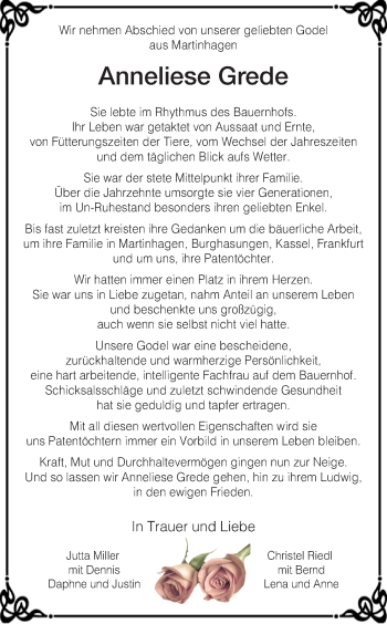 Traueranzeige von Anneliese Grede von HNA