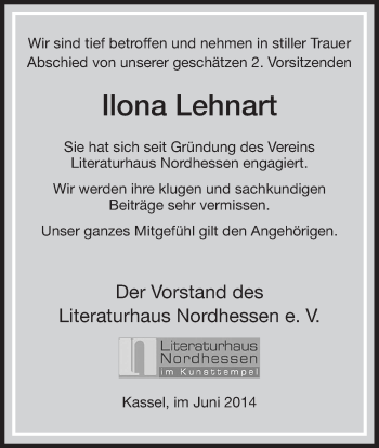 Traueranzeige von Ilona Lehnhart von HNA