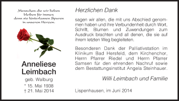 Traueranzeige von Anneliese Leimbach von HNA