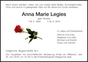 Traueranzeige von Anna Marie Legies von HNA