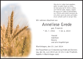 Traueranzeige von Anneliese Grede von HNA