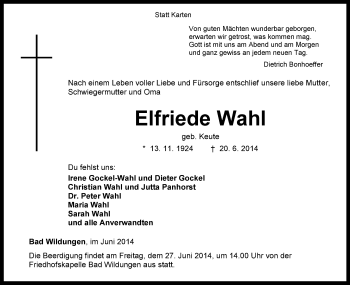 Traueranzeige von Elfriede Wahl von HNA