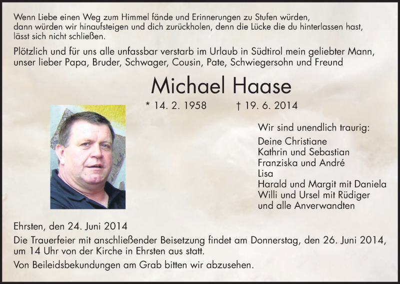  Traueranzeige für Michael Haase vom 24.06.2014 aus HNA