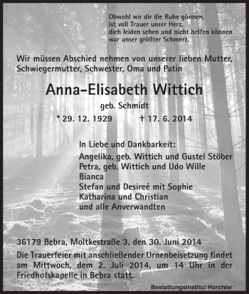 Traueranzeige von Anna-Elisabeth Wittich von HNA