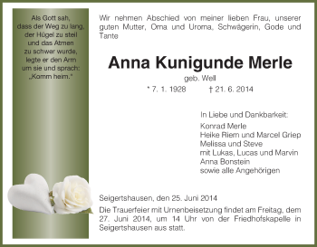 Traueranzeige von Anna Kunigunde Merle von HNA
