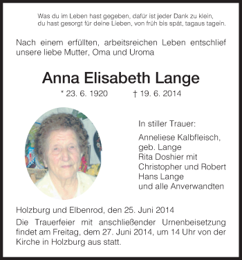 Traueranzeige von Anna Elisabeth Lange von HNA