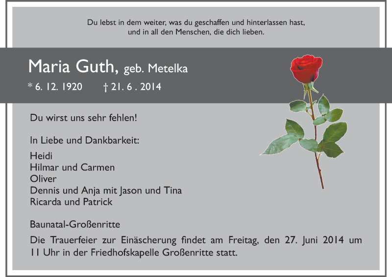  Traueranzeige für Maria Guth vom 25.06.2014 aus HNA