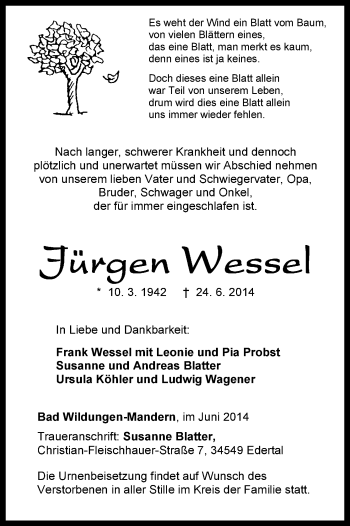 Traueranzeige von Jürgen Wessel von HNA