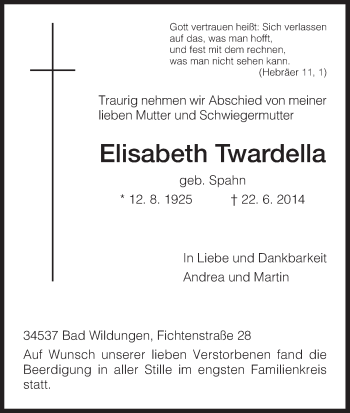 Traueranzeige von Elisabeth Twardella von HNA