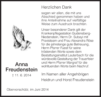 Traueranzeige von Anna Freudenstein von HNA