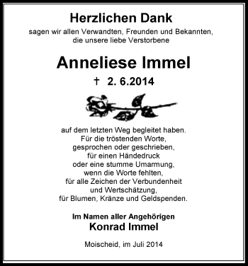 Traueranzeige von Anneliese Immel von HNA