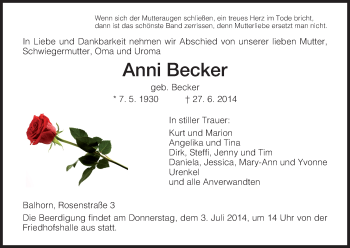 Traueranzeige von Anni Becker von HNA