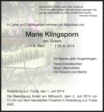 Traueranzeige von Marie Klingsporn von HNA