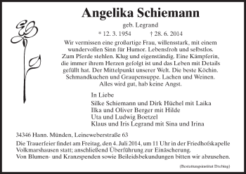 Traueranzeige von Angelika Schiemann von HNA
